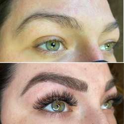 results of a female patient after a session of microblading and eyelash extensions