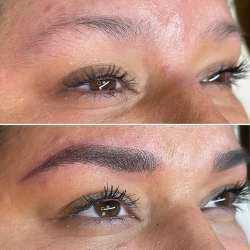 mature woman showing the results of a microblading session